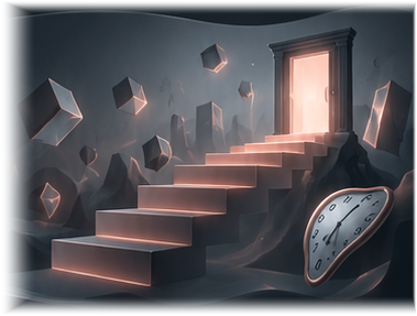 Stairs leading to open, illuminated doors in a surreal landscape