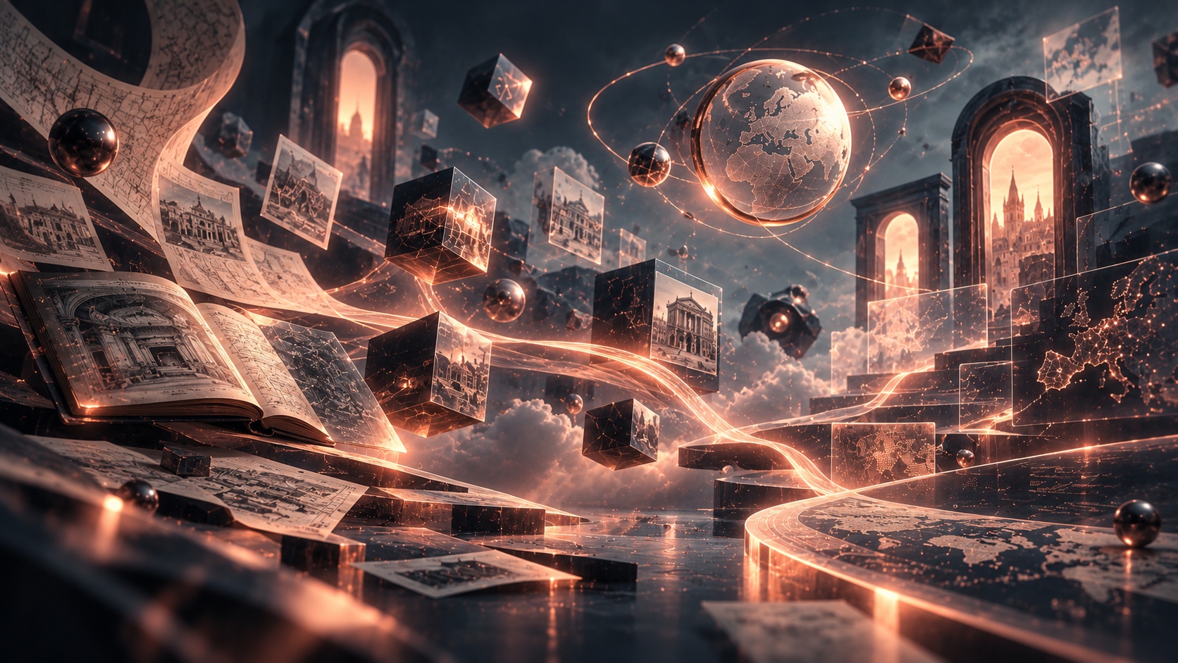 Historical books, maps and theatre photographs connected by glowing lines to a globe in a surreal landscape.